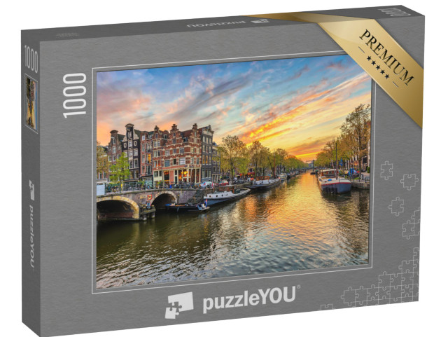 Puzzle 1000 Teile „Amsterdam Stadtsilhouette an der Gracht Waterfront, Amsterdam, Niederlande“