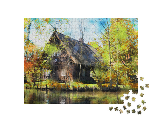 Puzzle 1000 Teile „Aquarell-Illustration: Waldhaus im Spreewald“