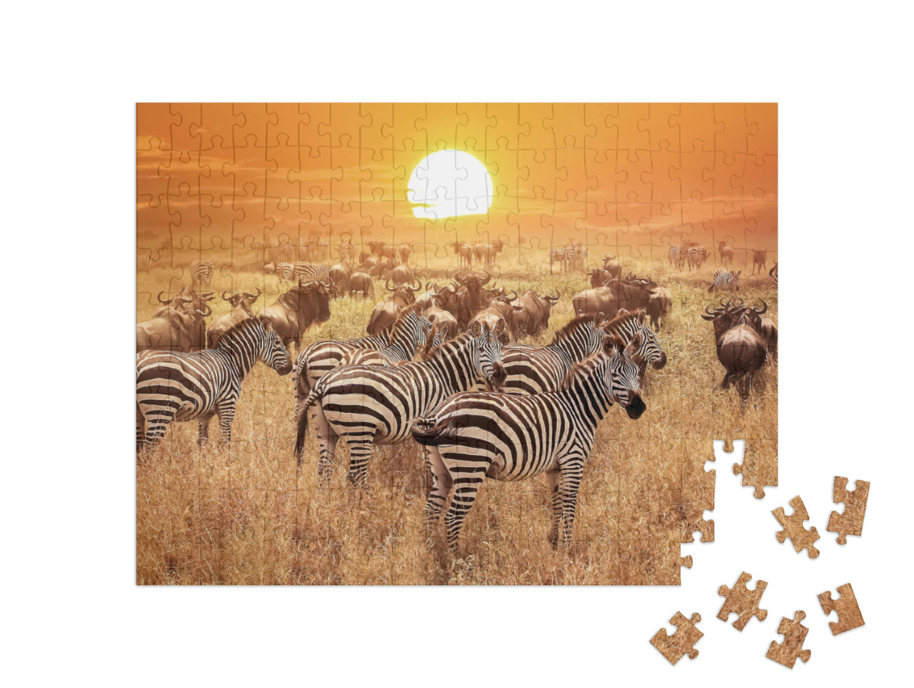 Puzzle 200 Teile „Zebra bei Sonnenuntergang im Serengeti-Nationalpark. Afrika. Tansania.“