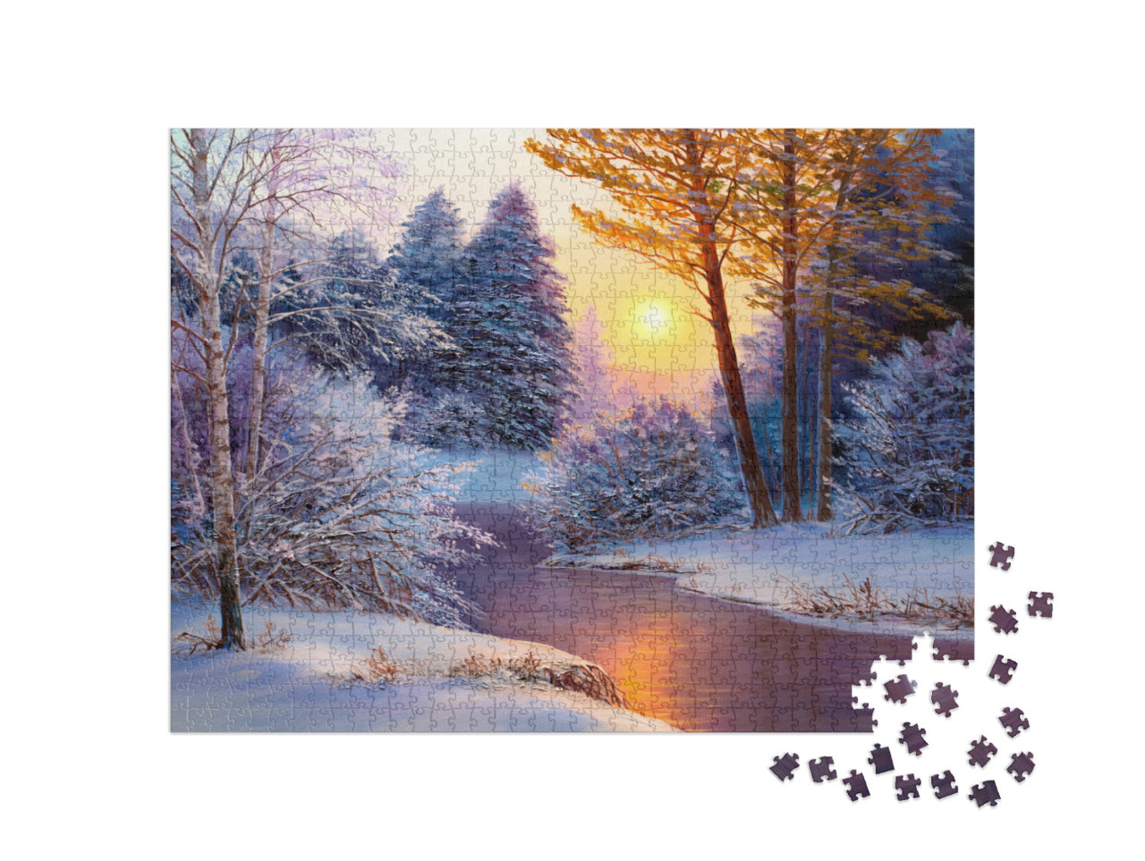 Puzzle 1000 Teile „Winterlandschaft mit Fluss, Ölgemälde“