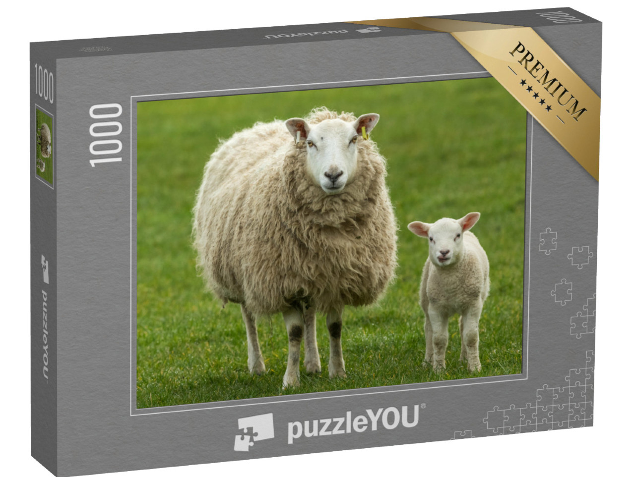 Puzzle 1000 Teile „Mutterschaf mit ihrem jungen Lamm, beide mit dem Gesicht nach vorne“