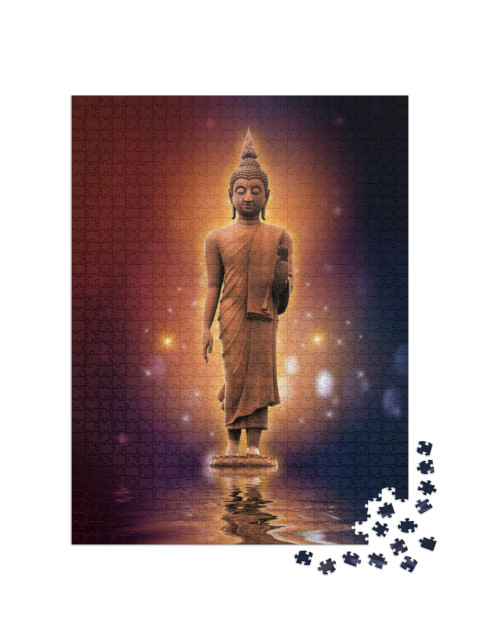 Puzzle 1000 Teile „Buddha-Statue auf Wasser mit goldenem Hintergrund“