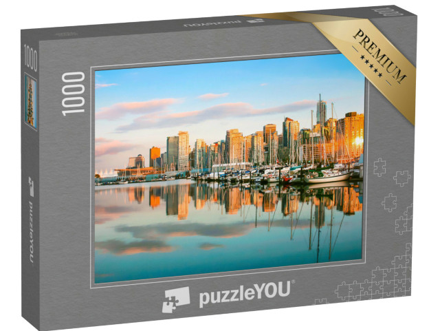 Puzzle 1000 Teile „Schöne Aussicht auf die Skyline von Vancouver mit Hafen bei Sonnenuntergang, Kanada“