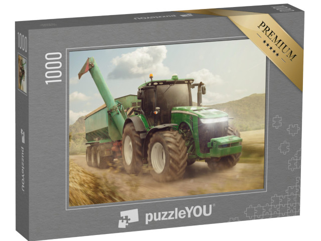 Puzzle 1000 Teile „Traktor mit Anhänger auf einem Feldweg neben einem Getreidefeld“