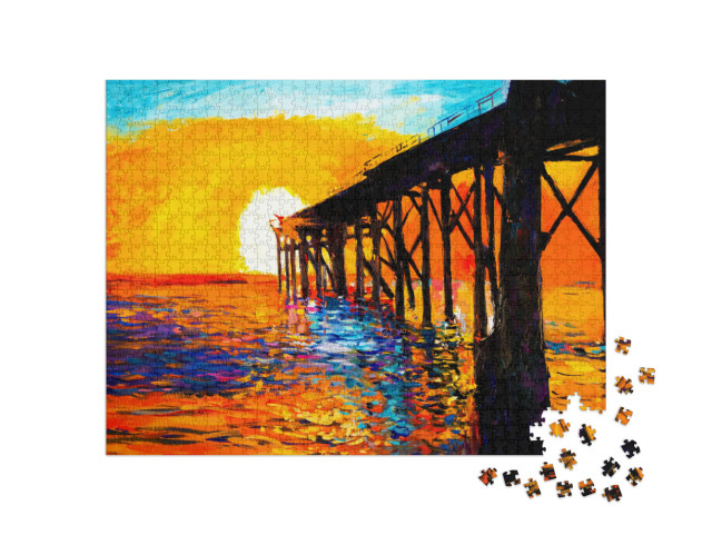 Puzzle 1000 Teile „Original Ölgemälde auf Leinwand: Sonnenuntergang über der Brücke“