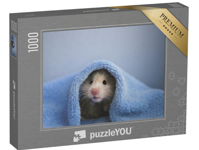 Puzzle 1000 Teile „Ein Hamster in einem kuscheligen blauen Handtuch“