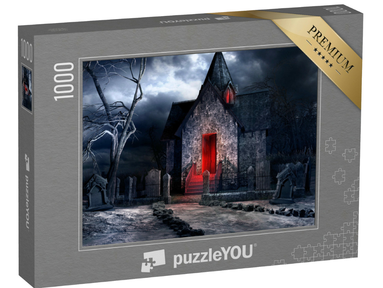 Puzzle 1000 Teile „Düstere Gothic-Szenerie mit alter Gruft, gruseligem Baum und Knochen“