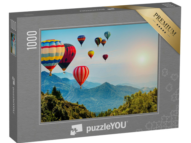 Puzzle 1000 Teile „Schöne Aussicht auf die Berge mit Heißluftballons, Thailand“