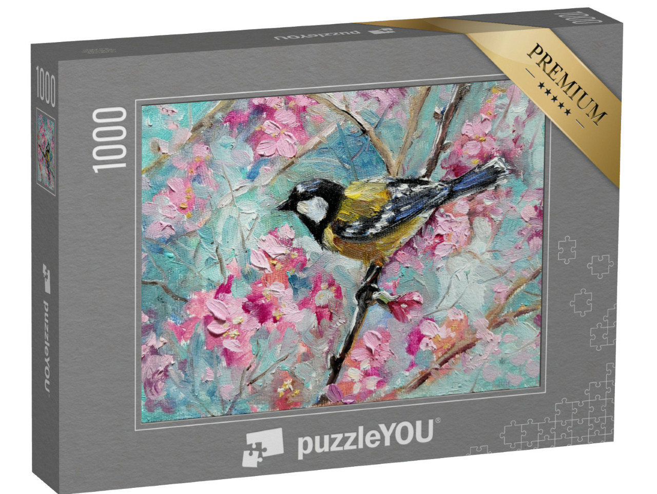 Puzzle 1000 Teile „Ölgemälde: Kohlmeise im blühenden Kirschgarten“