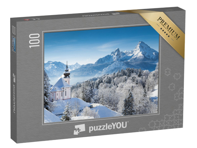 Puzzle 100 Teile „Wallfahrtskirche und Watzmann-Gipfel im Winter, Berchtesgadener Land, Deutschland“