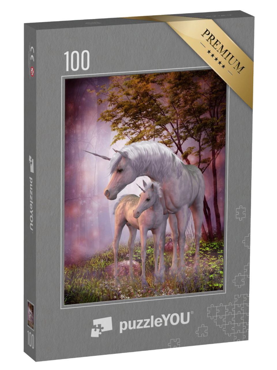 Puzzle 100 Teile „Einhornstute und Fohlen, magischer Wald“