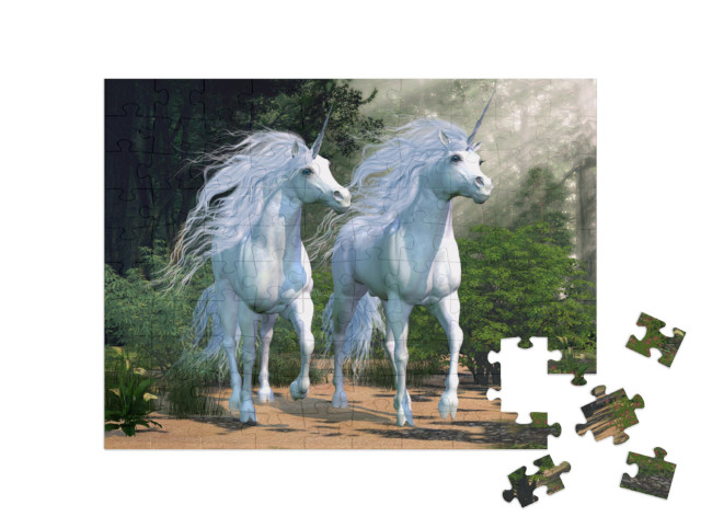 Puzzle 100 Teile „Zauberhafte Einhörner im verwunschenen Wald“