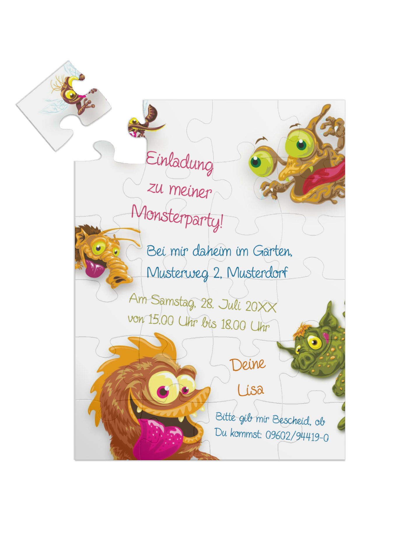 "Monsterparty" in Hochformat weiß