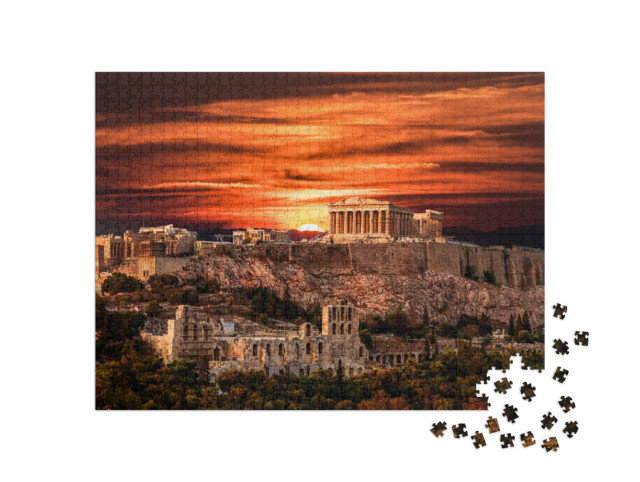 Puzzle 1000 Teile „Parthenon-Tempel auf der Akropolis von Athen unter dramatischen Sonnenuntergang, Griechenland“