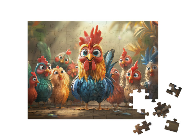 Puzzle 100 Teile „Kikeriki - Die Hähne sind los“