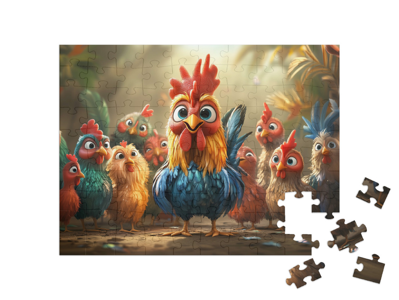 Puzzle 100 Teile „Kikeriki - Die Hähne sind los“