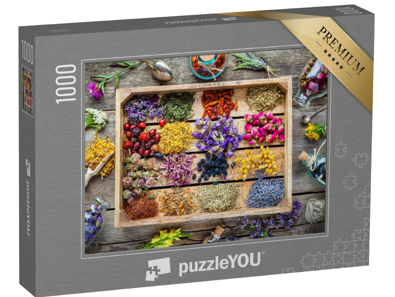 Puzzle 1000 Teile „Holzkiste mit Heilkräutern der Kräutermedizin“