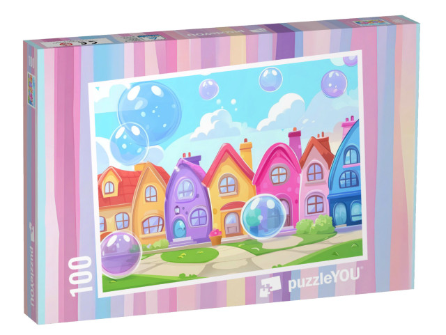 Puzzle 100 Teile „Die bunte Seifenblasenstadt“