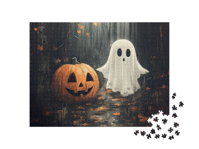 Puzzle 1000 Teile „Zwei Freunde an Halloween, Kürbis und Gespenst“