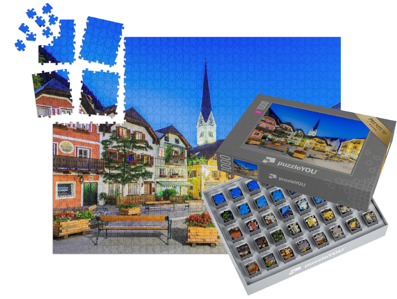 Puzzle „Hallstatt, Österreich. Bergdorf in den österreichischen Alpen bei Dämmerung“ | SMART SORTED® 1000 Teile