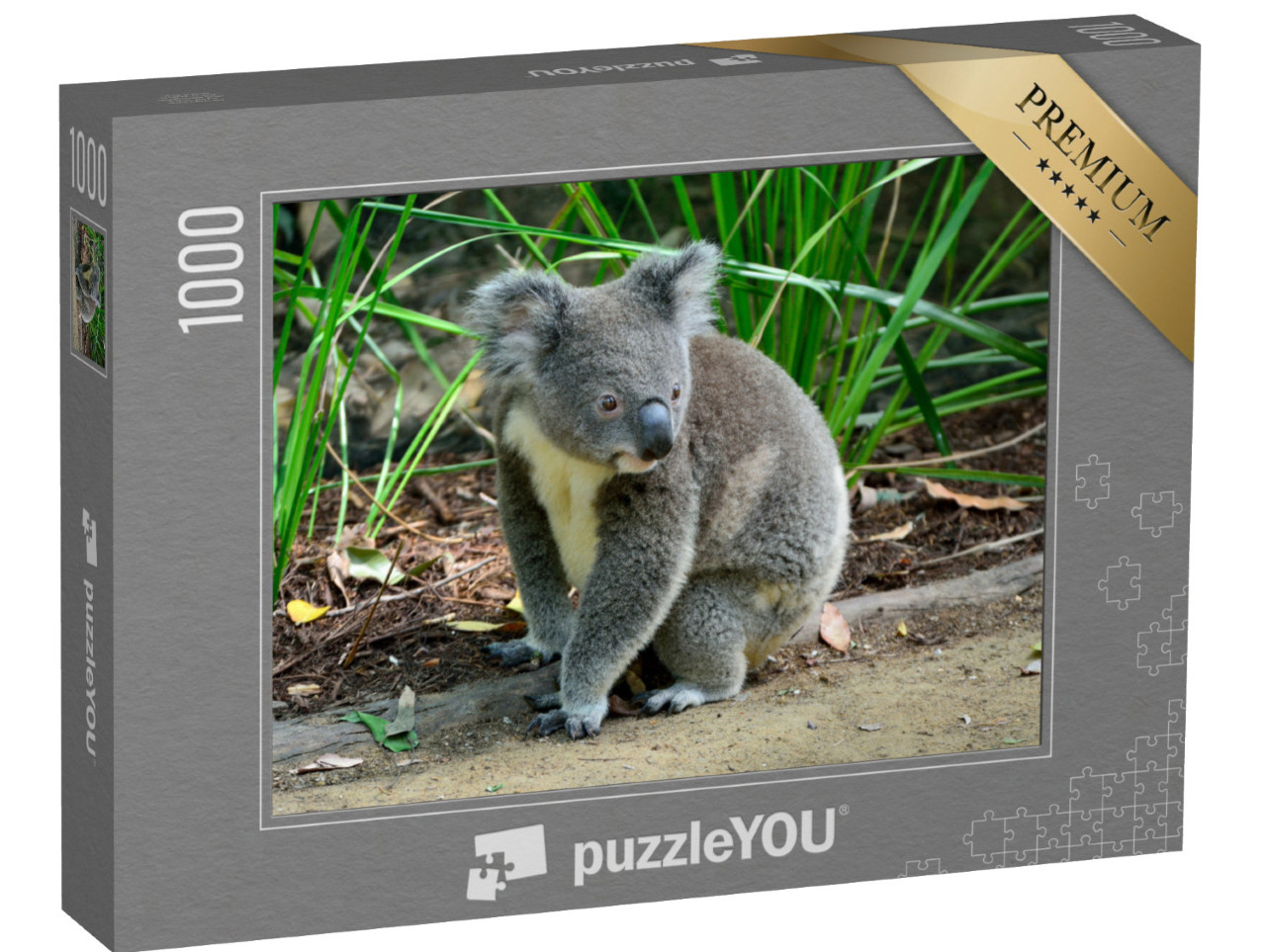 Puzzle 1000 Teile „Neugieriger Koala, auf dem Boden sitzend“