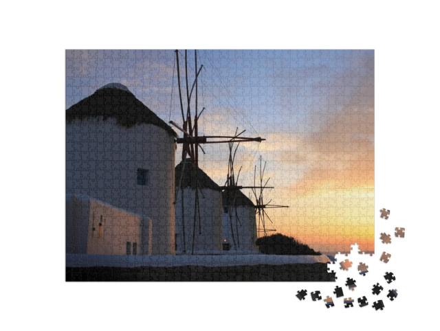 Puzzle 1000 Teile „Mykonos: Windmühlen bei Sonnenuntergang, Griechenland“