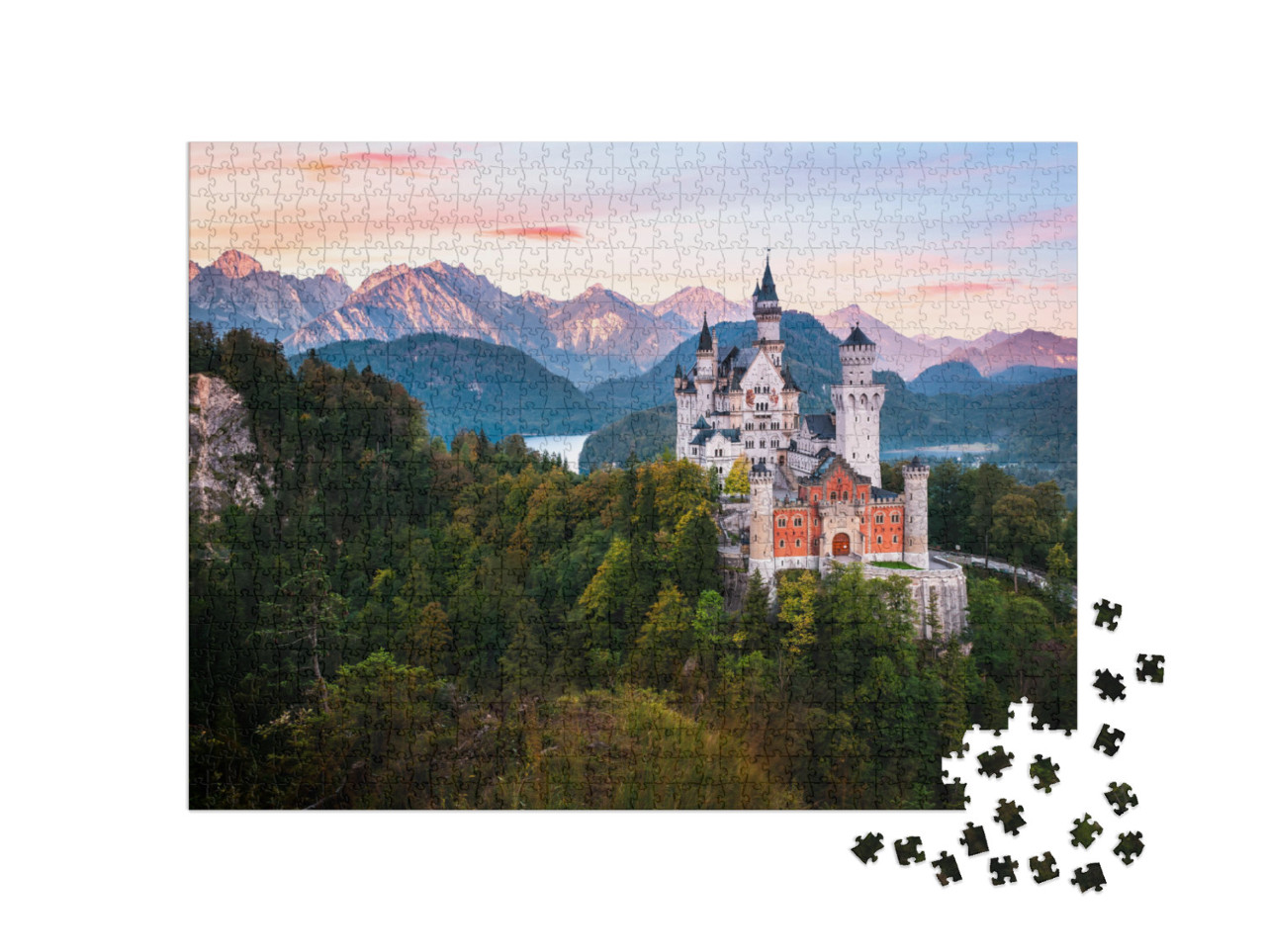 Puzzle 1000 Teile „Alpenpanorama mit Schloss Neuschwanstein bei Sonnenaufgang, Bayern“