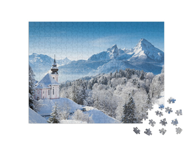 Puzzle 500 Teile „Wallfahrtskirche und Watzmann-Gipfel im Winter, Berchtesgadener Land, Deutschland“