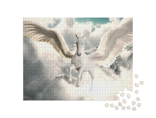 Puzzle 1000 Teile „Digitale Kunst: Majestätischer Flug des Pegasus über den Wolken“