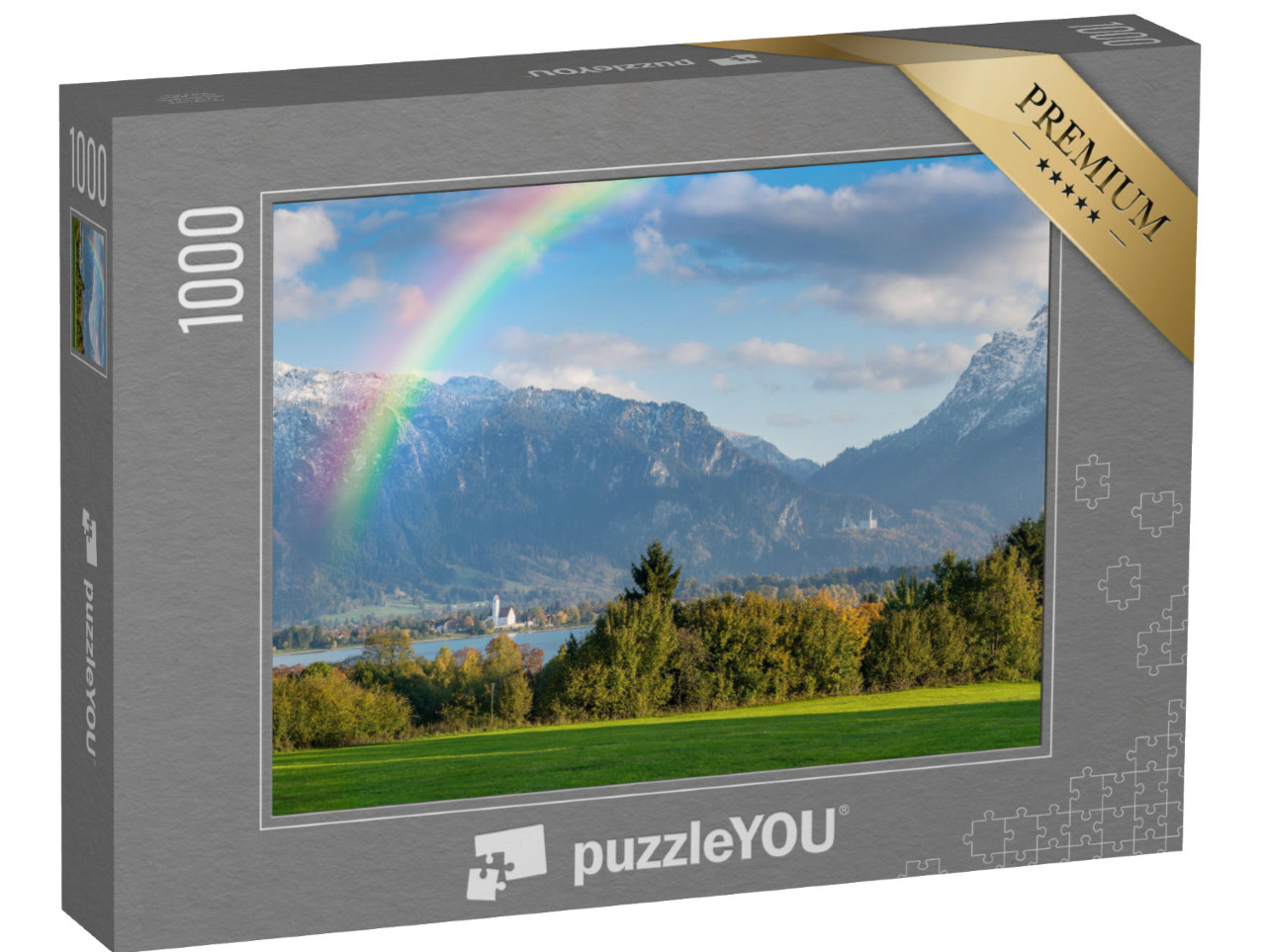 Puzzle 1000 Teile „Herbstliches Landschaftspanorama mit Regenbogen über dem Forggensee“