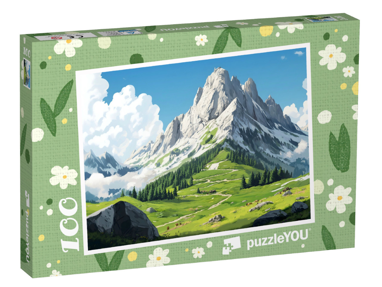 Puzzle 100 Teile „Berggipfel, grüne Wiesen und blauer Himmel“