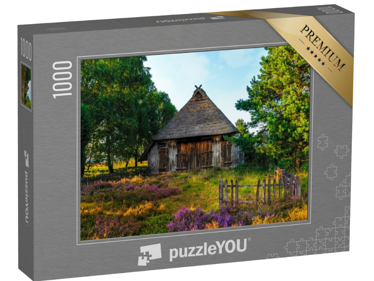 Puzzle 1000 Teile „Lüneburger Heide: Bild mit Schafshütte, Deutschland“