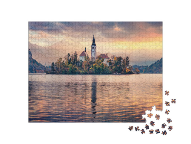 Puzzle 1000 Teile „Wallfahrtskirche am Bleder See, Slowenien, Europa“