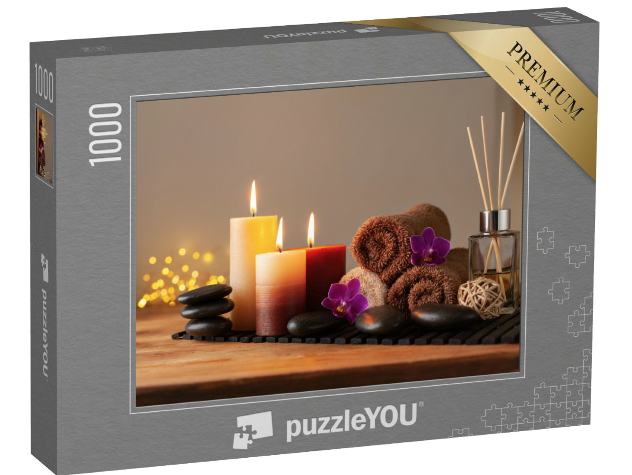 Puzzle 1000 Teile „Schönheitsbehandlung und Wellness: Massagestein, Orchideenblüten, Handtücher“