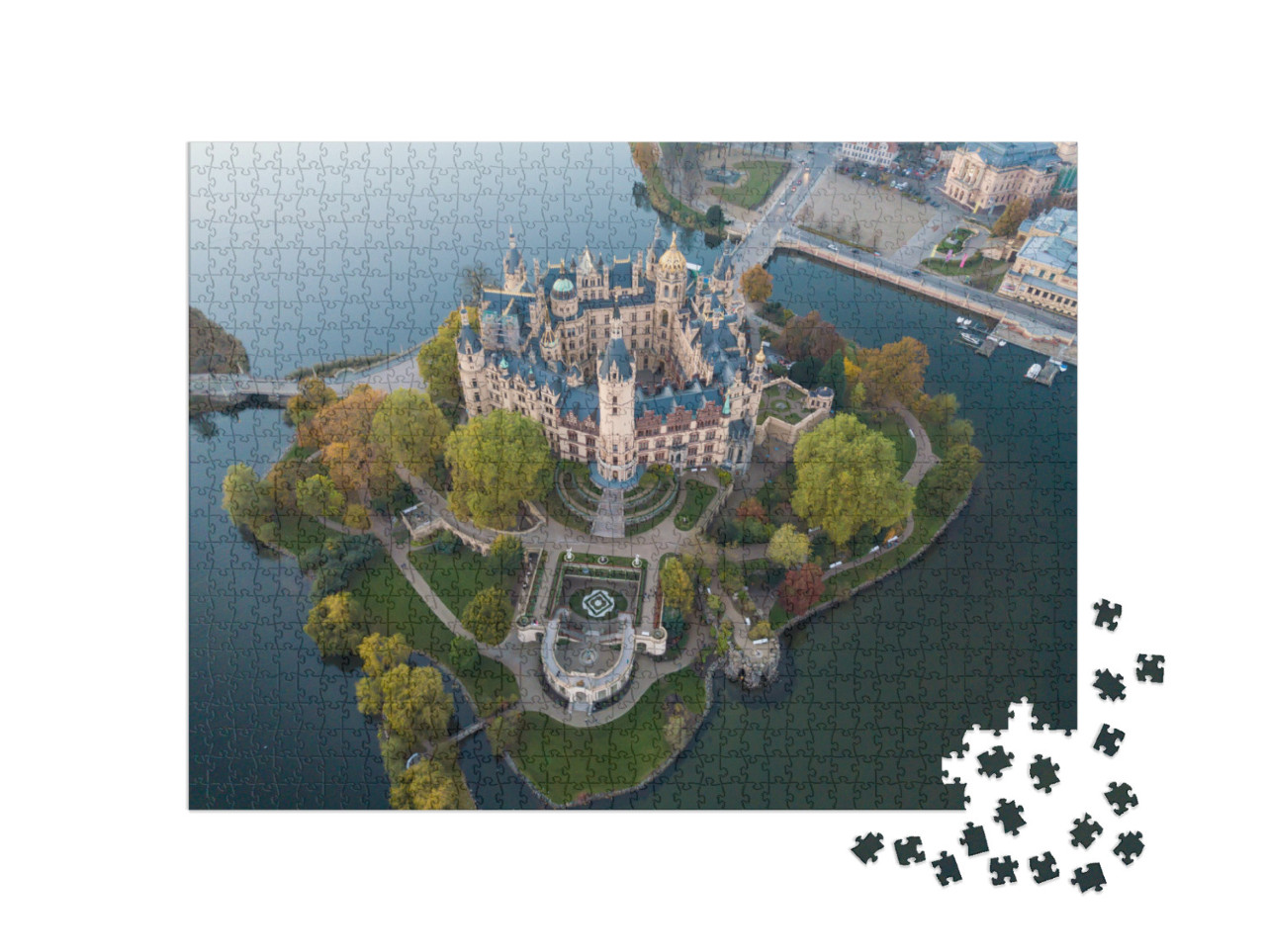 Puzzle 1000 Teile „Schloss Schwerin zur Herbstzeit, Blick aus der Luft“