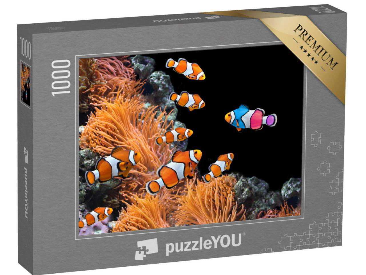 Puzzle 1000 Teile „Schwarm von Standard-Clownfischen und ein bunter Fisch: Sei du selbst!“