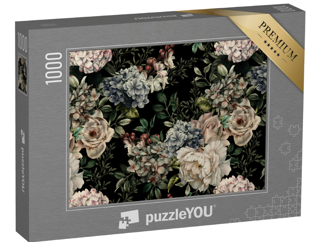 Puzzle 1000 Teile „Nahtloses florales Muster, Blumen auf dunklem Hintergrund, Aquarell“