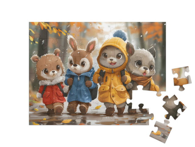 Puzzle 48 Teile „Tierfreunde am regnerischen Schulweg“