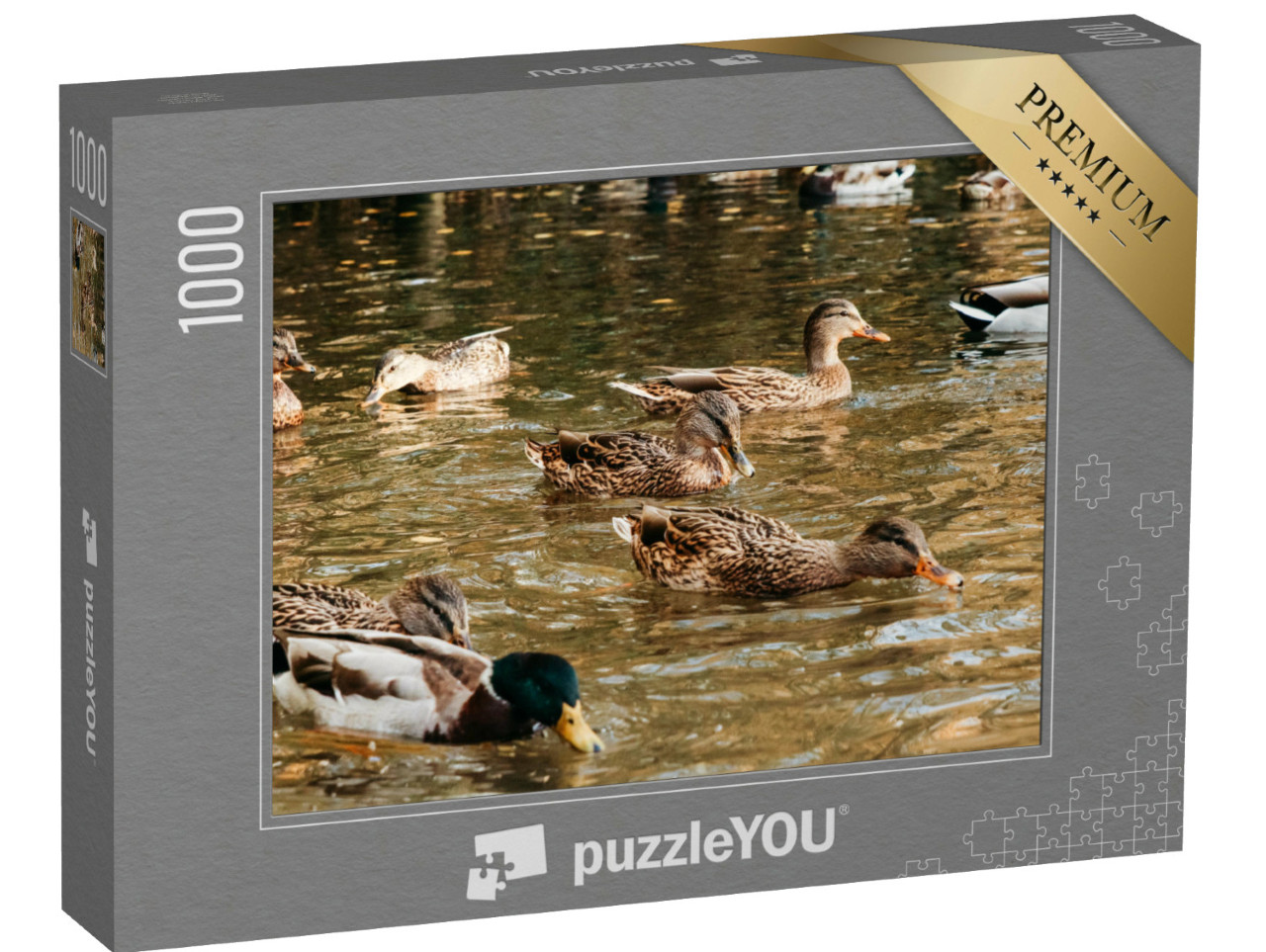 Puzzle 1000 Teile „Ein großer Entenschwarm frisst Brot auf dem See“