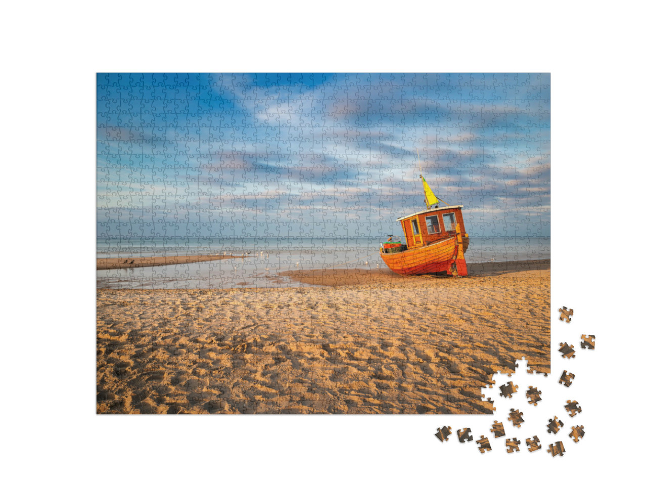 Puzzle 1000 Teile „Altes Fischerboot am Strand von Ahlbeck auf Usedom“
