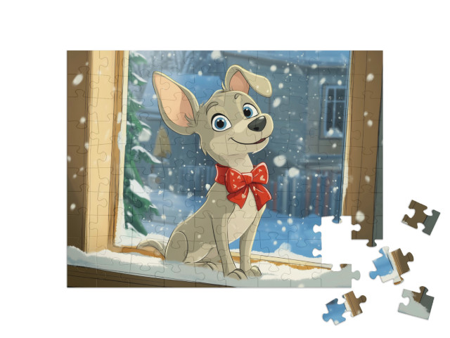 Puzzle 100 Teile „Hund Walli mit seiner roten Schleife“