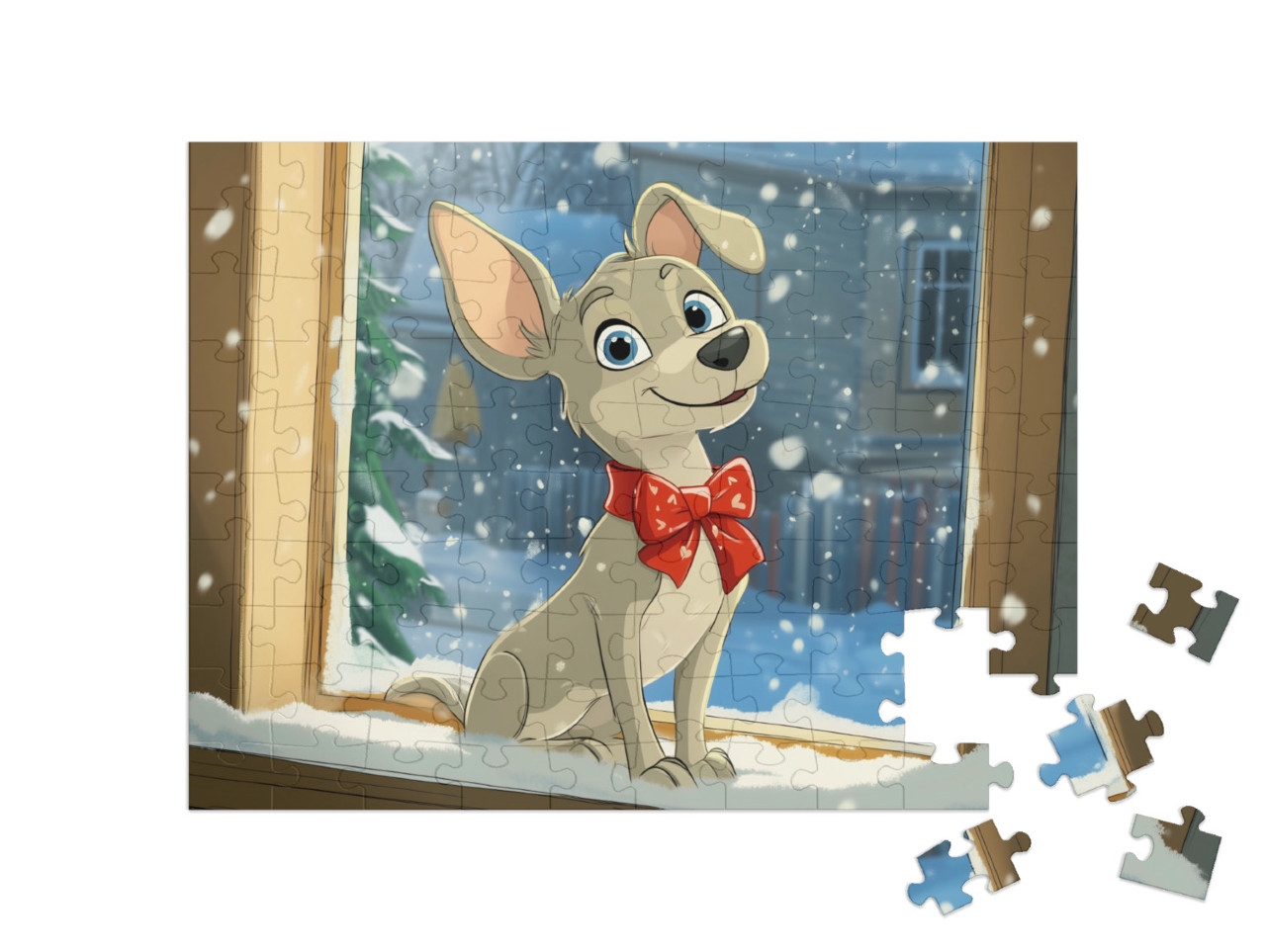 Puzzle 100 Teile „Hund Walli mit seiner roten Schleife“
