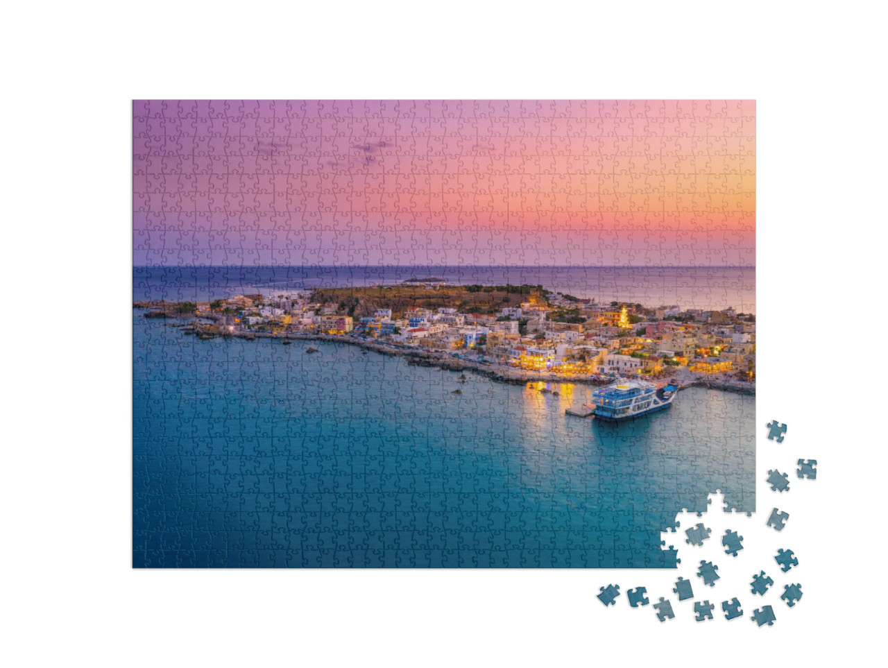 Puzzle 1000 Teile „Ansicht des traditionellen Dorfes Paleochora bei Sonnenuntergang, Chania, Kreta“