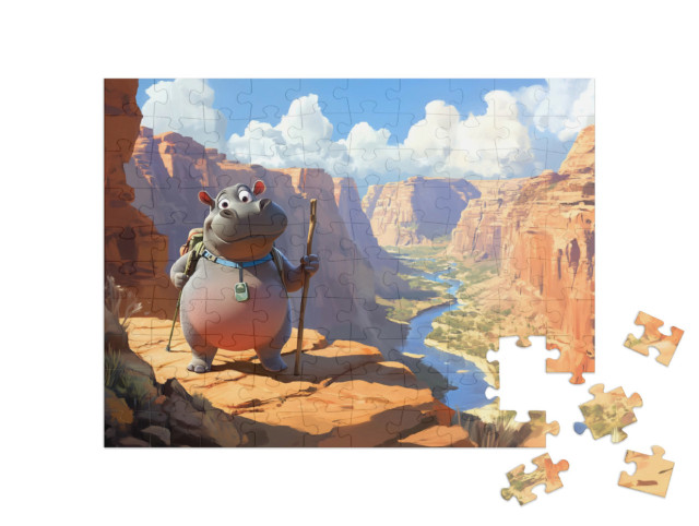 Puzzle 100 Teile „Nilpferd Lasse erkundet Wüstenpfade und hohe Felsen“