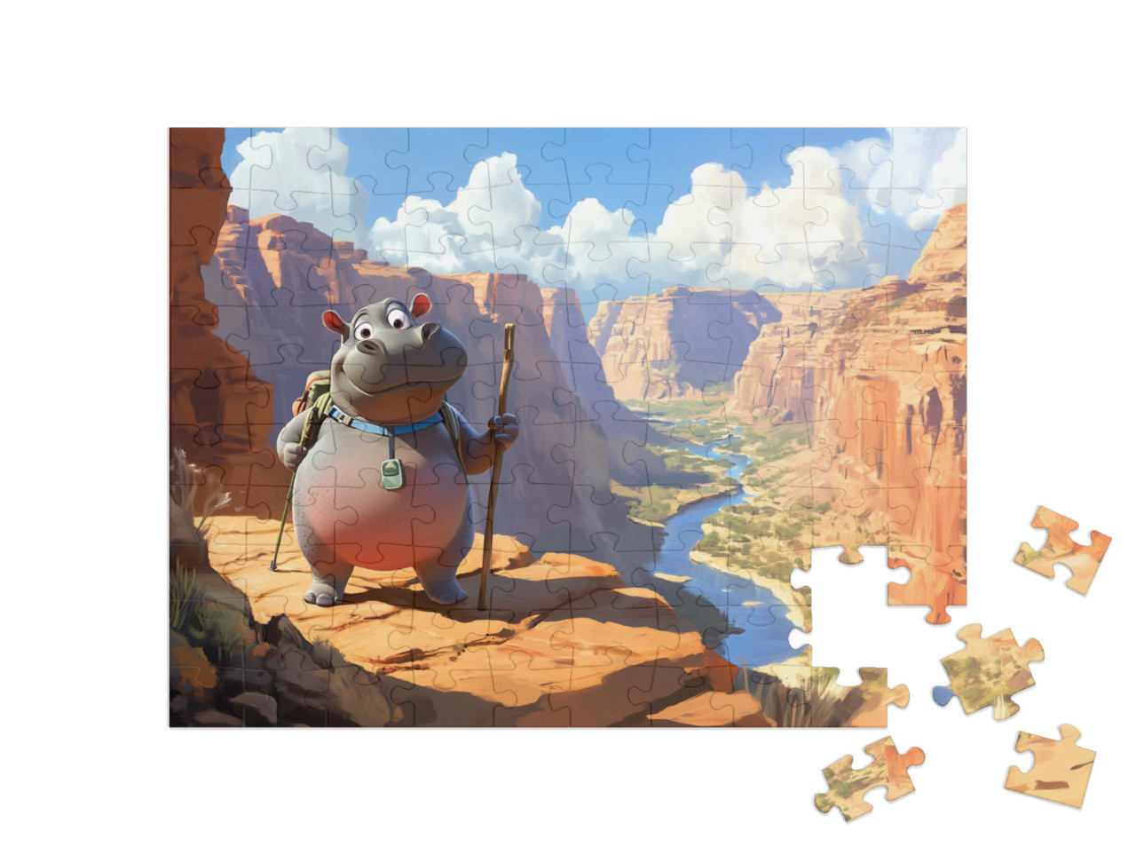 Puzzle 100 Teile „Nilpferd Lasse erkundet Wüstenpfade und hohe Felsen“