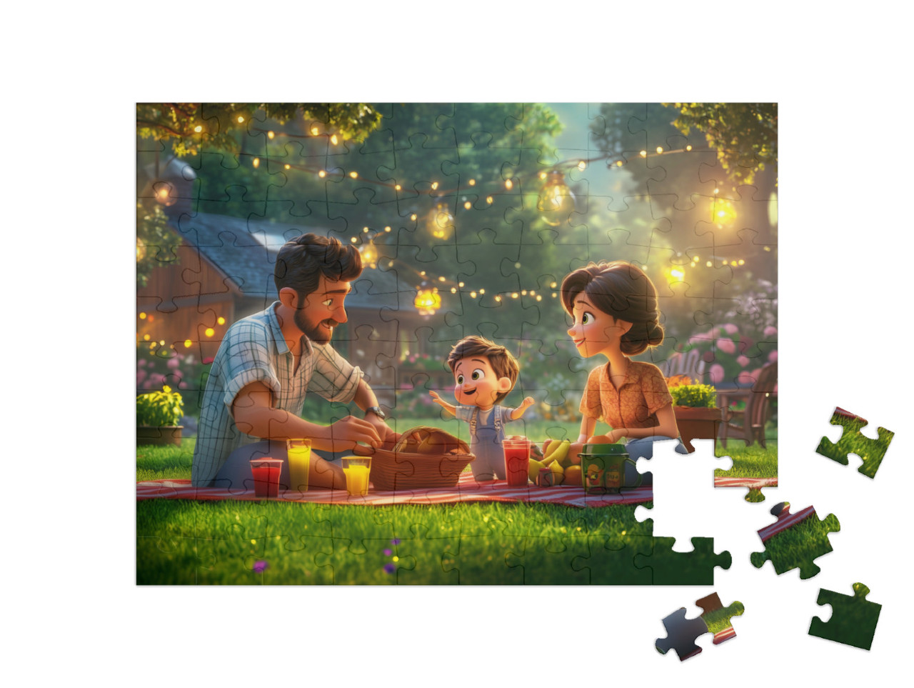 Puzzle 100 Teile „Familienpicknick im grünen Garten“