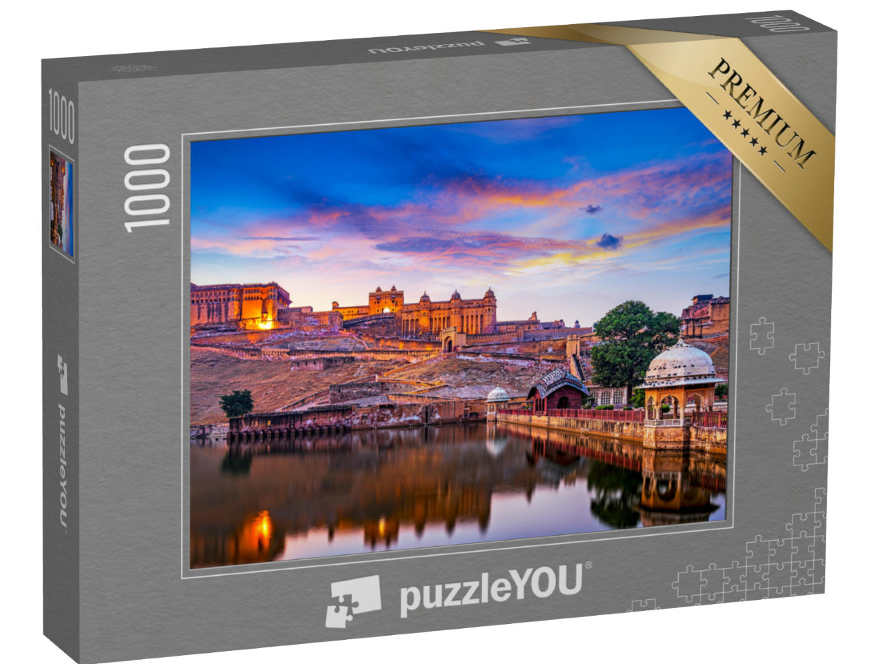 Puzzle 1000 Teile „Amber Fort und Maota bei Sonnenuntergang, Jaipur, Rajasthan, Indien“