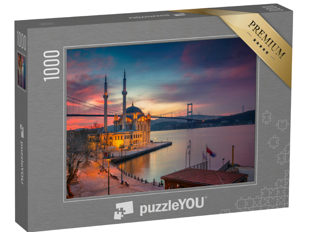 Puzzle 1000 Teile „Sonnenaufgang an der Ortakoy Moschee mit Bosporus-Brücke in Istanbul“