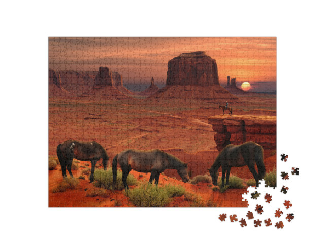 Puzzle 1000 Teile „Pferde am John Ford's Point, Monument Valley Tribal Park, Arizona, USA“