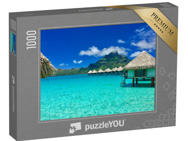 Puzzle 1000 Teile „Überwasser-Bungalows eines Luxus-Resorts, Bora Bora, Tahiti, Französisch-Polynesien“